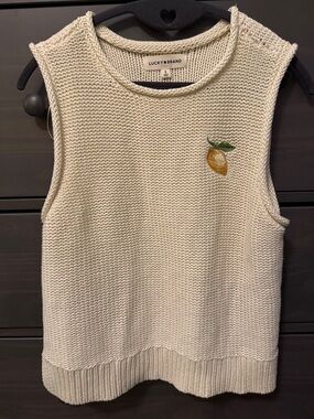 Lucky Brand Cream Knit Sleeveless Top with Lemon Embroidery